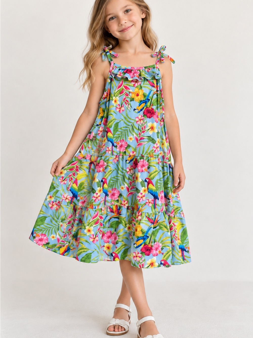 Tommy Bahama Girls Tropical h Floral Parrot Tiered Dress Size 7 Ruffle Sundress